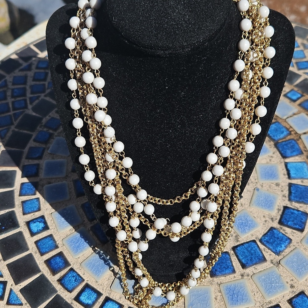 Vintage Goldtone Chains White Lucite Balls Draping Necklace